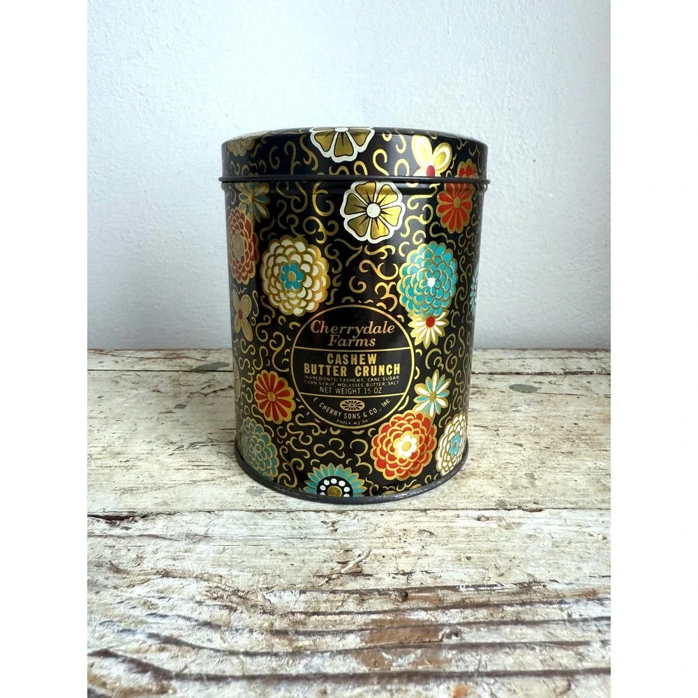 Vintage Cherrydale Farms Cashew Butter Crunch Tin Floral Cookie Storage Canister